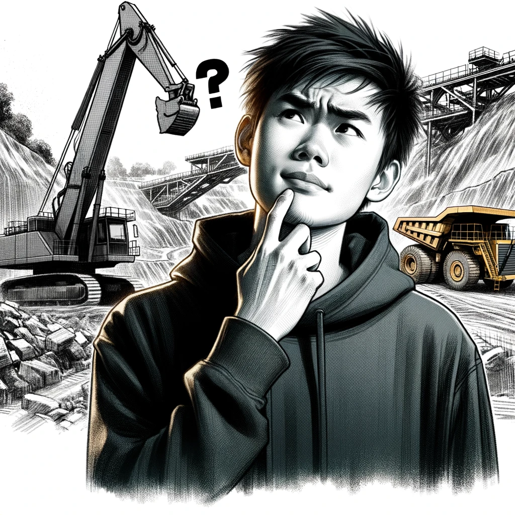 Drawing of a young Asian man wearing a dark hoodie, scratching his face with his left hand, looking puzzled. Behind him, there's a massive mining operation with large machinery, excavators, and dump trucks moving earth.